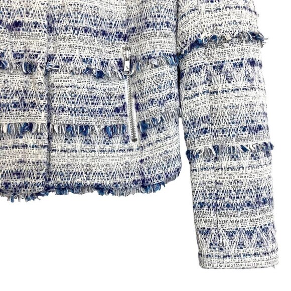JOIE Tesita Fringed Woven Boucle Crop Zip Front Jacket Blue & Ivory - Picture 10 of 16